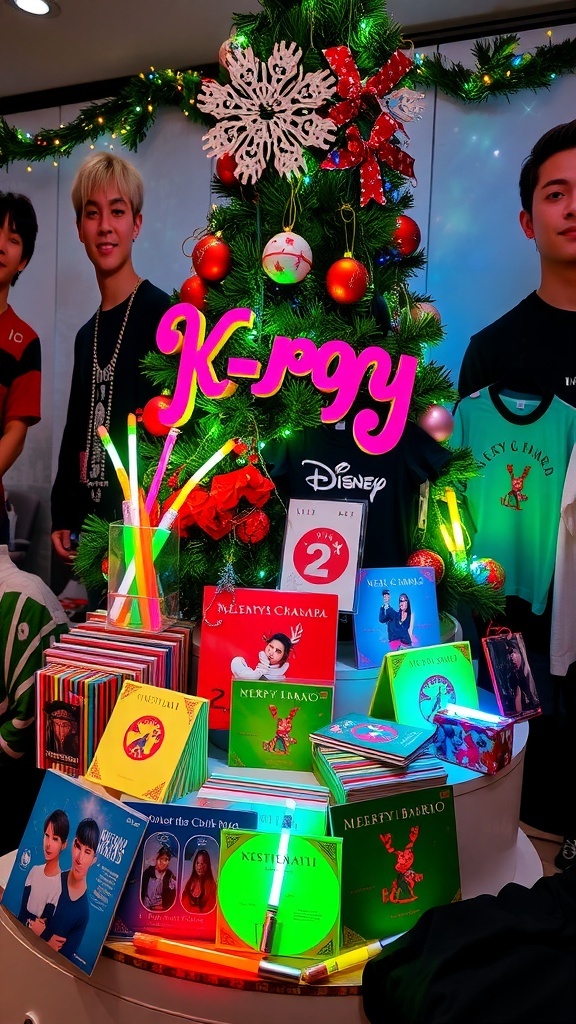 K-Pop merchandise including albums and lightsticks arranged around a Christmas tree.